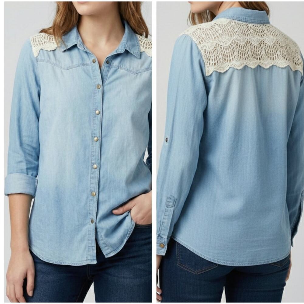 Behind the Seams Large Button Front Lace 100% Lyocell Roll Tab Sleeves
